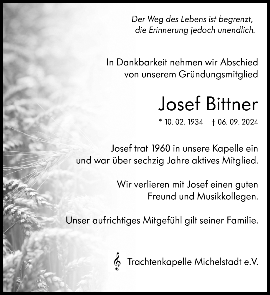  Traueranzeige für Josef Bittner vom 05.10.2024 aus Odenwälder Echo