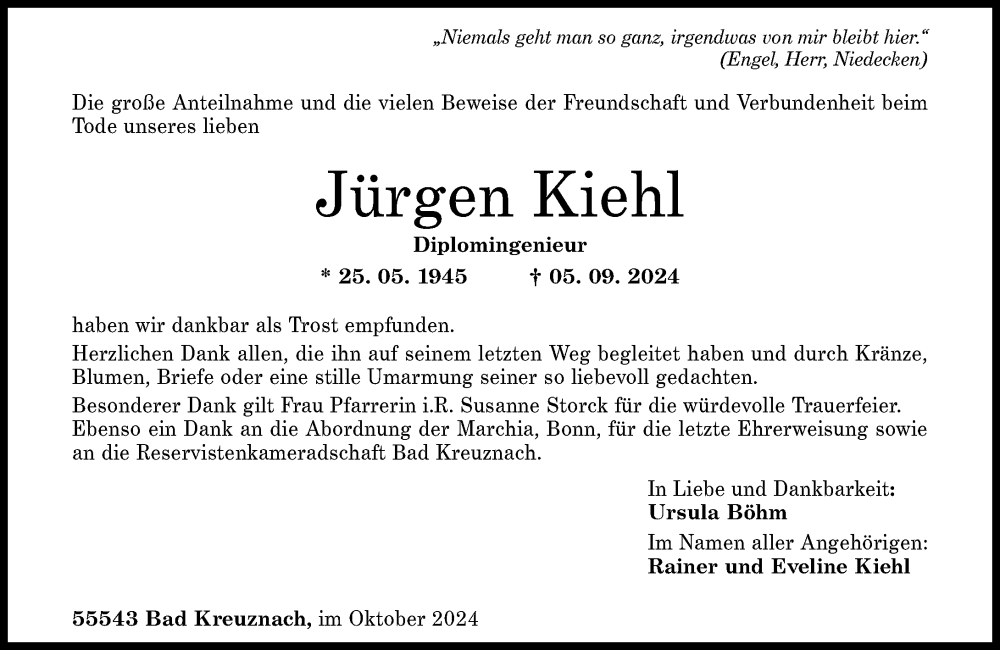  Traueranzeige für Jürgen Kiehl vom 12.10.2024 aus Allgemeine Zeitung Rheinhessen-Nahe