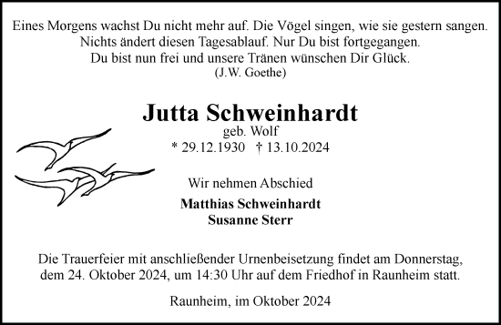 Traueranzeige von Jutta Schweinhardt von Rüsselsheimer Echo