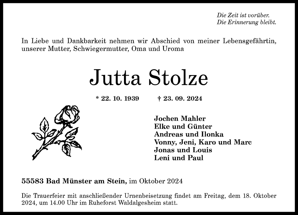  Traueranzeige für Jutta Stolze vom 12.10.2024 aus Allgemeine Zeitung Rheinhessen-Nahe