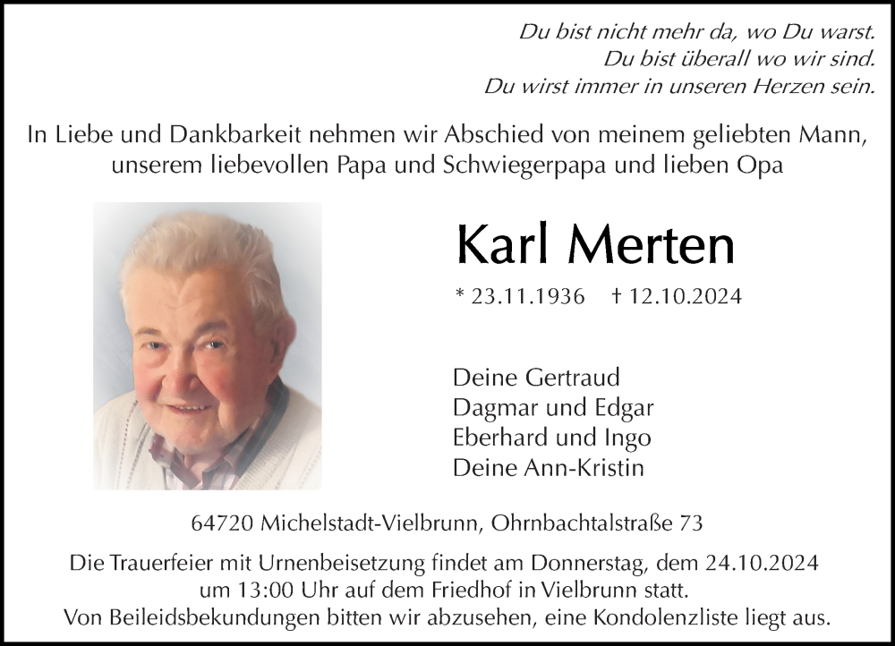  Traueranzeige für Karl Merten vom 19.10.2024 aus Odenwälder Echo