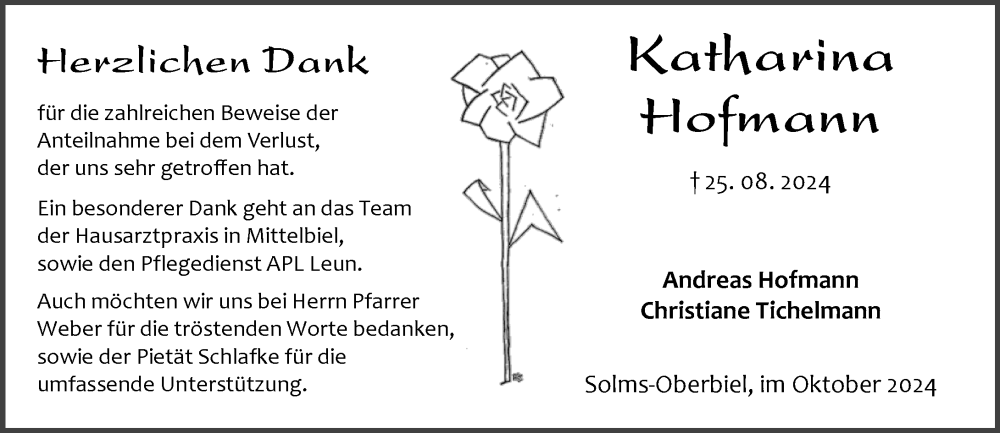  Traueranzeige für Katharina Hofmann vom 19.10.2024 aus Wetzlarer Neue Zeitung
