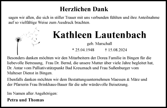 Traueranzeige von Kathleen Lauterbach von Allgemeine Zeitung Rheinhessen-Nahe