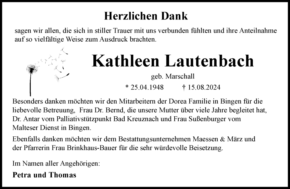  Traueranzeige für Kathleen Lauterbach vom 19.10.2024 aus Allgemeine Zeitung Rheinhessen-Nahe