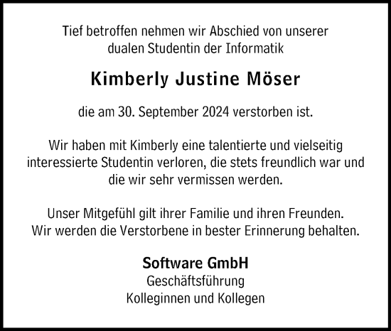 Traueranzeige von Kimberly Justine Möser von Darmstädter Echo