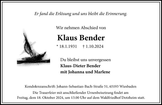 Traueranzeige von Klaus Bender von Wiesbadener Kurier
