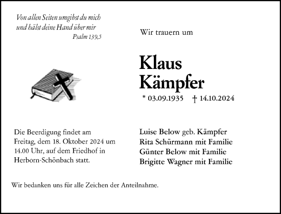 Traueranzeige von Klaus Kämpfer von Dill Block