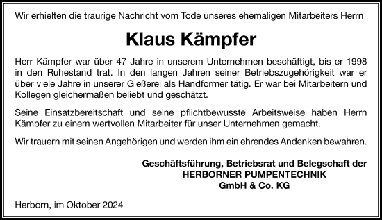 Traueranzeige von Klaus Kämpfer von Dill Block