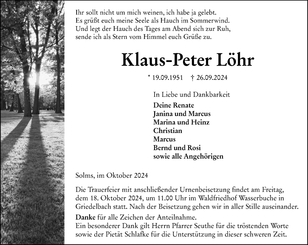  Traueranzeige für Klaus-Peter Löhr vom 15.10.2024 aus Wetzlarer Neue Zeitung