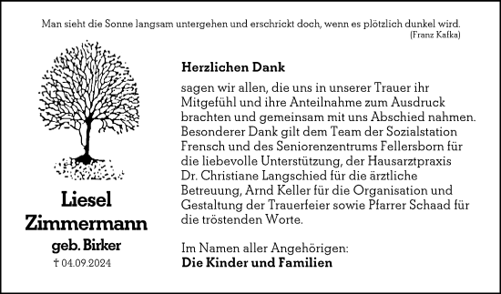 Traueranzeige von Liesel Zimmermann von Weilburger Tageblatt