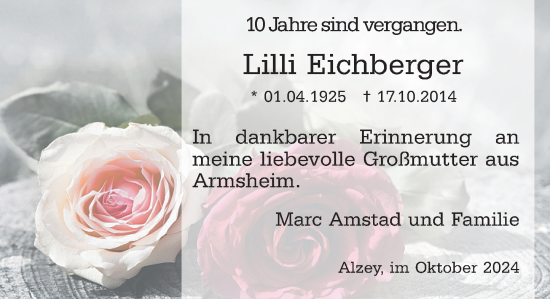 Traueranzeige von Lilli Eichberger von Allgemeine Zeitung Alzey