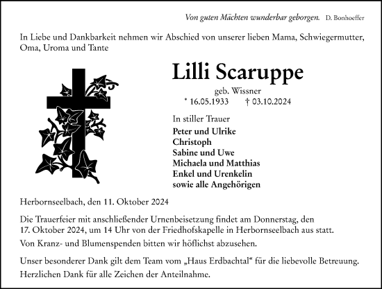 Traueranzeige von Lilli Scaruppe von Dill Block
