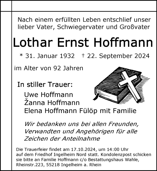 Traueranzeige von Lothar Ernst Hoffmann von Allgemeine Zeitung Rheinhessen-Nahe