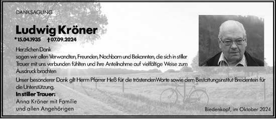 Traueranzeige von Ludwig Kröner von Hinterländer Anzeiger