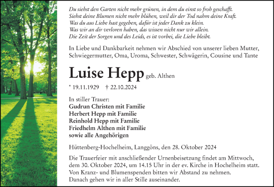 Traueranzeige von Luise Hepp von Wetzlarer Neue Zeitung