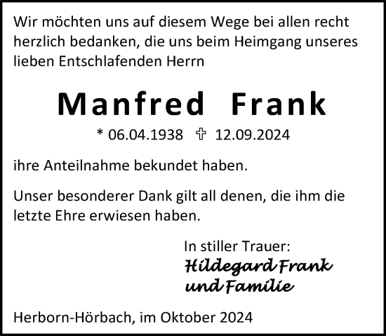 Traueranzeige von Manfred Frank von Dill Block