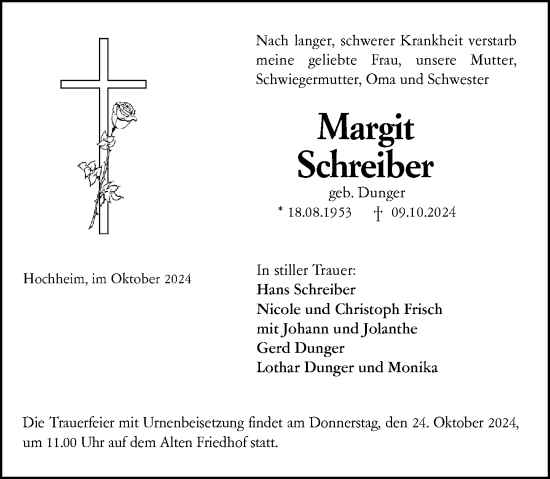 Traueranzeige von Margit Schreiber von Hochheimer Zeitung