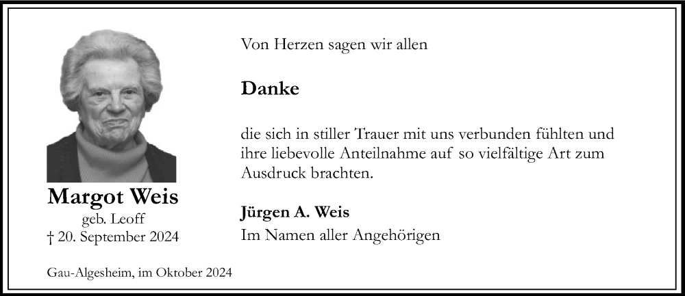  Traueranzeige für Margot Weis vom 12.10.2024 aus Allgemeine Zeitung Rheinhessen-Nahe