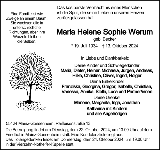 Traueranzeige von Maria Helene Sophie Werum von Allgemeine Zeitung Mainz