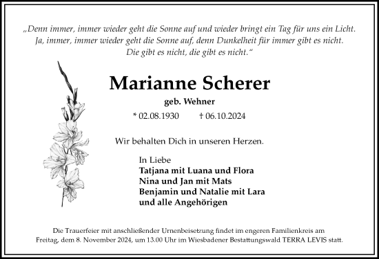 Traueranzeige von Marianne Scherer von Wiesbadener Kurier
