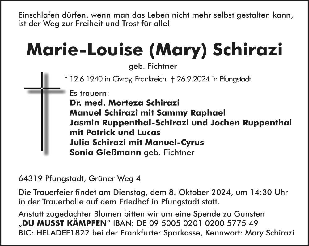  Traueranzeige für Marie-Louise Schirazi vom 05.10.2024 aus Darmstädter Echo