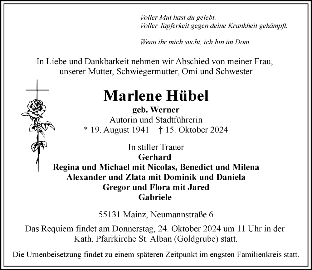  Traueranzeige für Marlene Hübel vom 19.10.2024 aus Wiesbadener Kurier