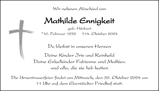 Traueranzeige von Mathilde Ennigkeit von Darmstädter Echo