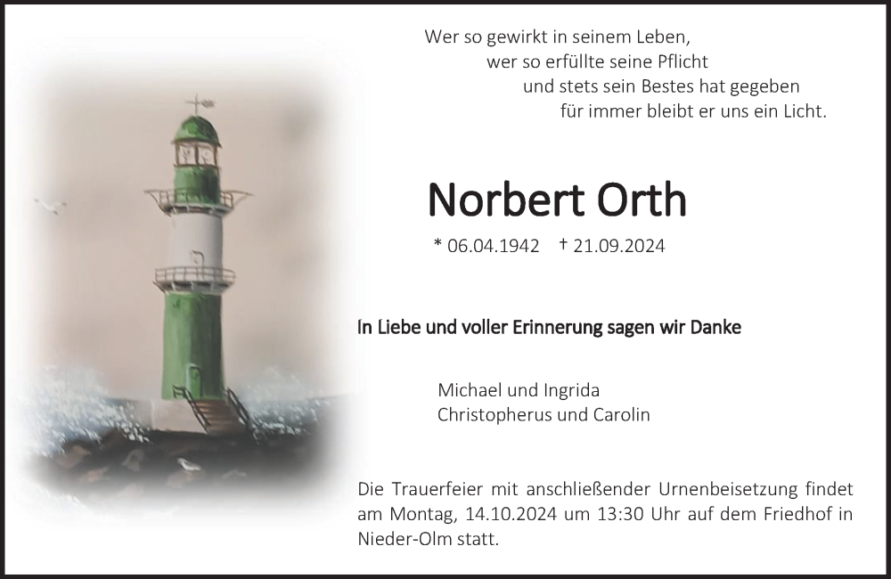  Traueranzeige für Norbert Orth vom 05.10.2024 aus Allgemeine Zeitung Mainz