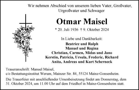 Traueranzeige von Otmar Maisel von Allgemeine Zeitung Rheinhessen-Nahe