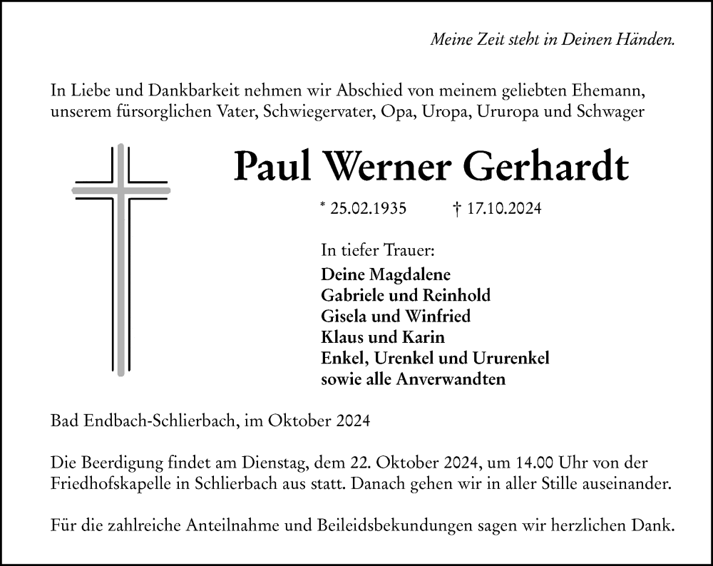  Traueranzeige für Paul Werner Gerhardt vom 19.10.2024 aus Hinterländer Anzeiger