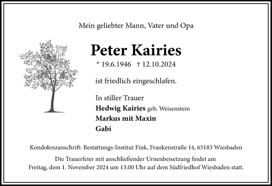 Traueranzeige von Peter Kairies von Wiesbadener Kurier