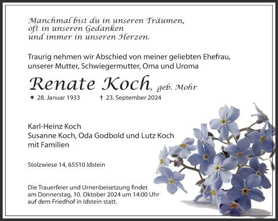 Traueranzeige von Renate Koch von Idsteiner Land/Untertaunus