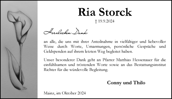 Traueranzeige von Ria Storck von Allgemeine Zeitung Mainz