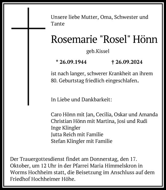 Traueranzeige von Rosemarie Hönn von Wormser Zeitung