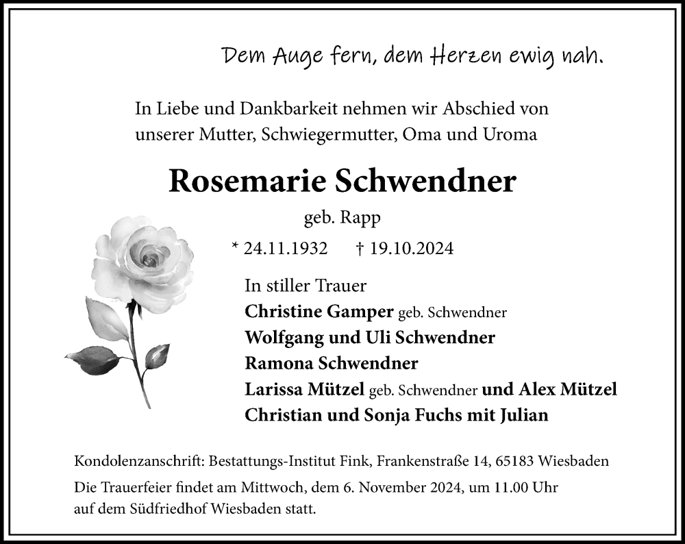  Traueranzeige für Rosemarie Schwendner vom 26.10.2024 aus Wiesbadener Kurier