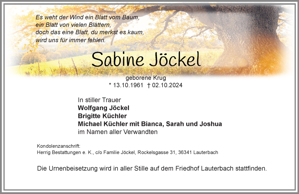  Traueranzeige für Sabine Jöckel vom 05.10.2024 aus Dill Block