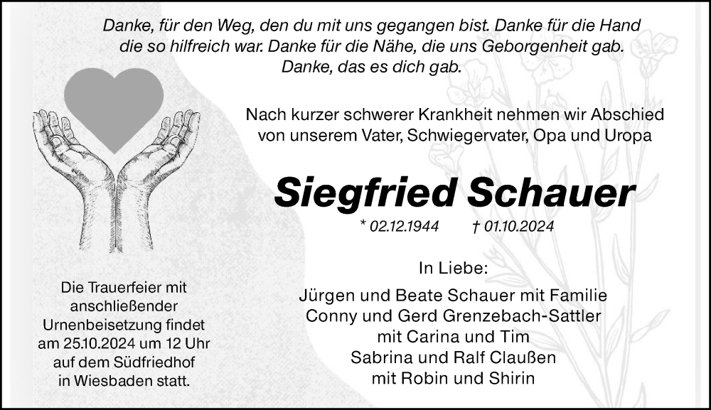  Traueranzeige für Siegfried Schauer vom 19.10.2024 aus Wiesbadener Kurier