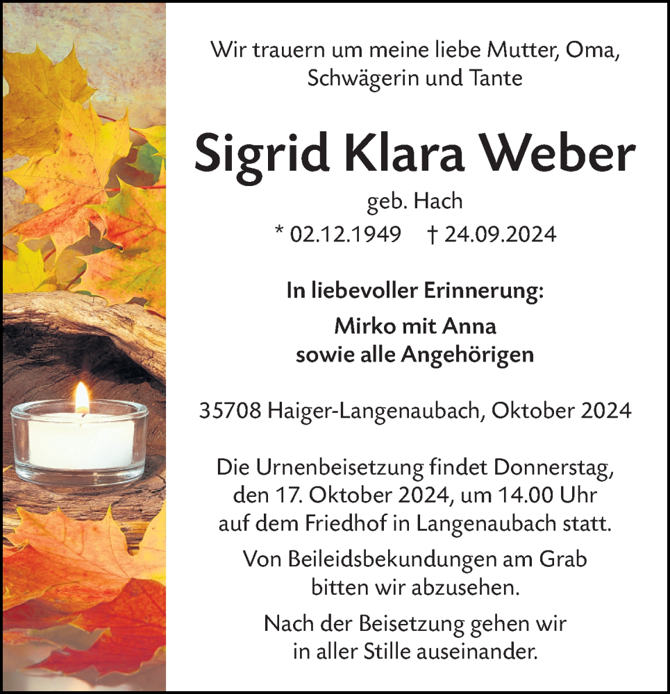  Traueranzeige für Sigrid Klara Weber vom 12.10.2024 aus Dill Block