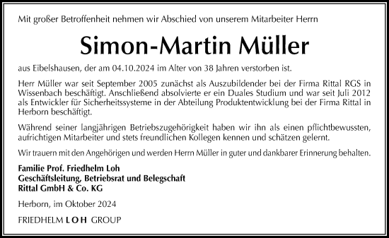 Traueranzeige von Simon-Martin Müller von Dill Block