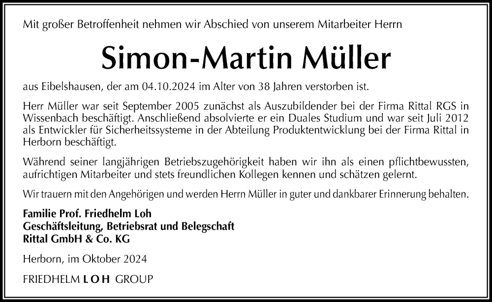 Traueranzeige für Simon-Martin Müller vom 16.10.2024 aus Dill Block