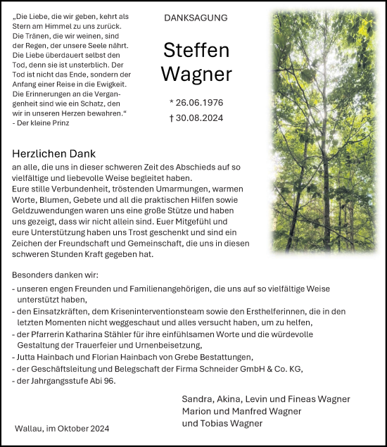 Traueranzeige von Steffen Wagner von Hinterländer Anzeiger