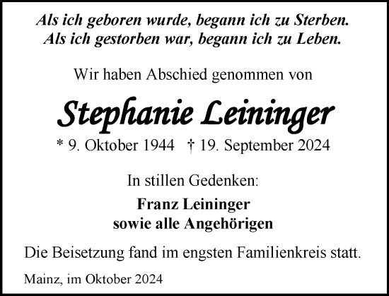 Traueranzeige von Stephanie Leininger von Allgemeine Zeitung Mainz