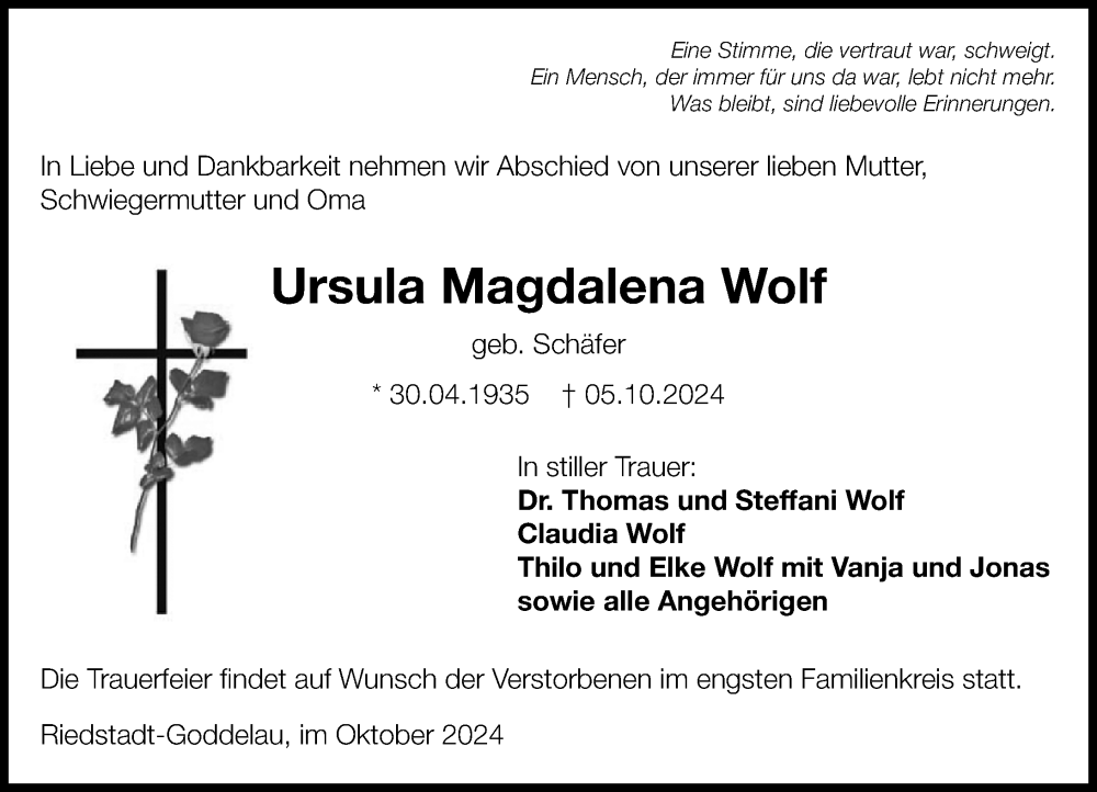 Traueranzeige für Ursula Magdalena Wolf vom 12.10.2024 aus Darmstädter Echo