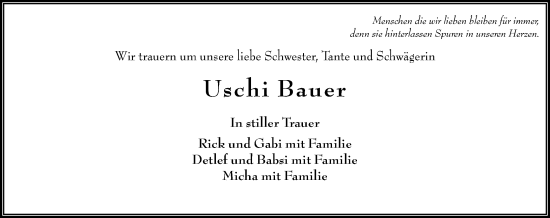 Traueranzeige von Uschi Bauer von Wiesbadener Kurier