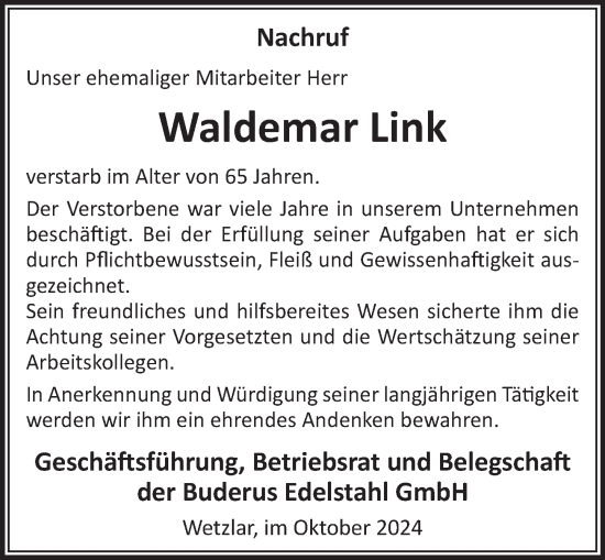 Traueranzeige von Waldemar Link von Wetzlarer Neue Zeitung