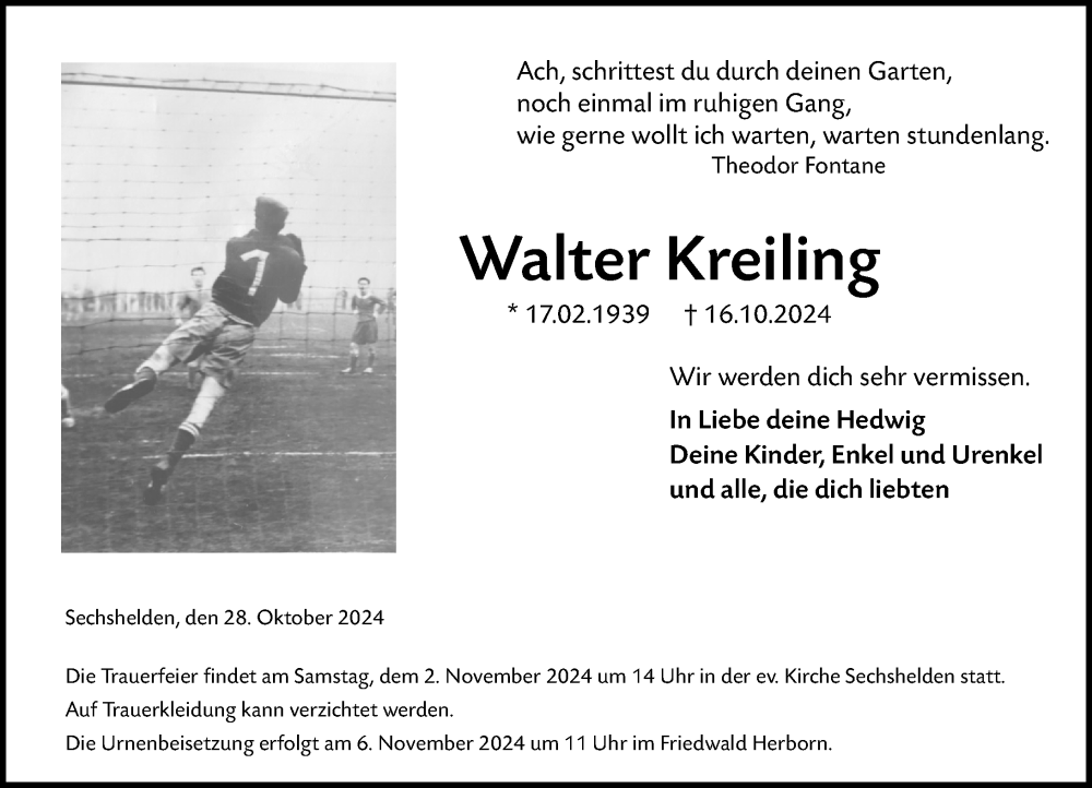  Traueranzeige für Walter Kreiling vom 28.10.2024 aus Dill Block
