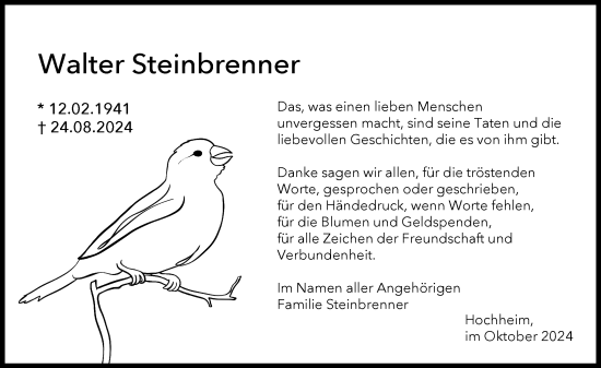 Traueranzeige von Walter Steinbrenner von Hochheimer Zeitung