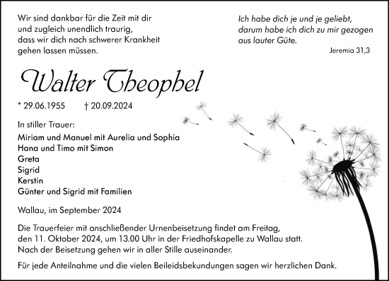 Traueranzeige von Walter Theophel von Hinterländer Anzeiger