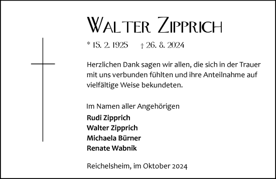 Traueranzeige von Walter Zipprich von Odenwälder Echo