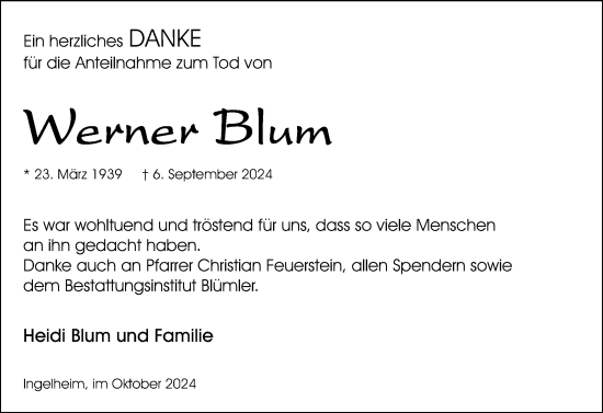 Traueranzeige von Werner Blum von Allgemeine Zeitung Rheinhessen-Nahe